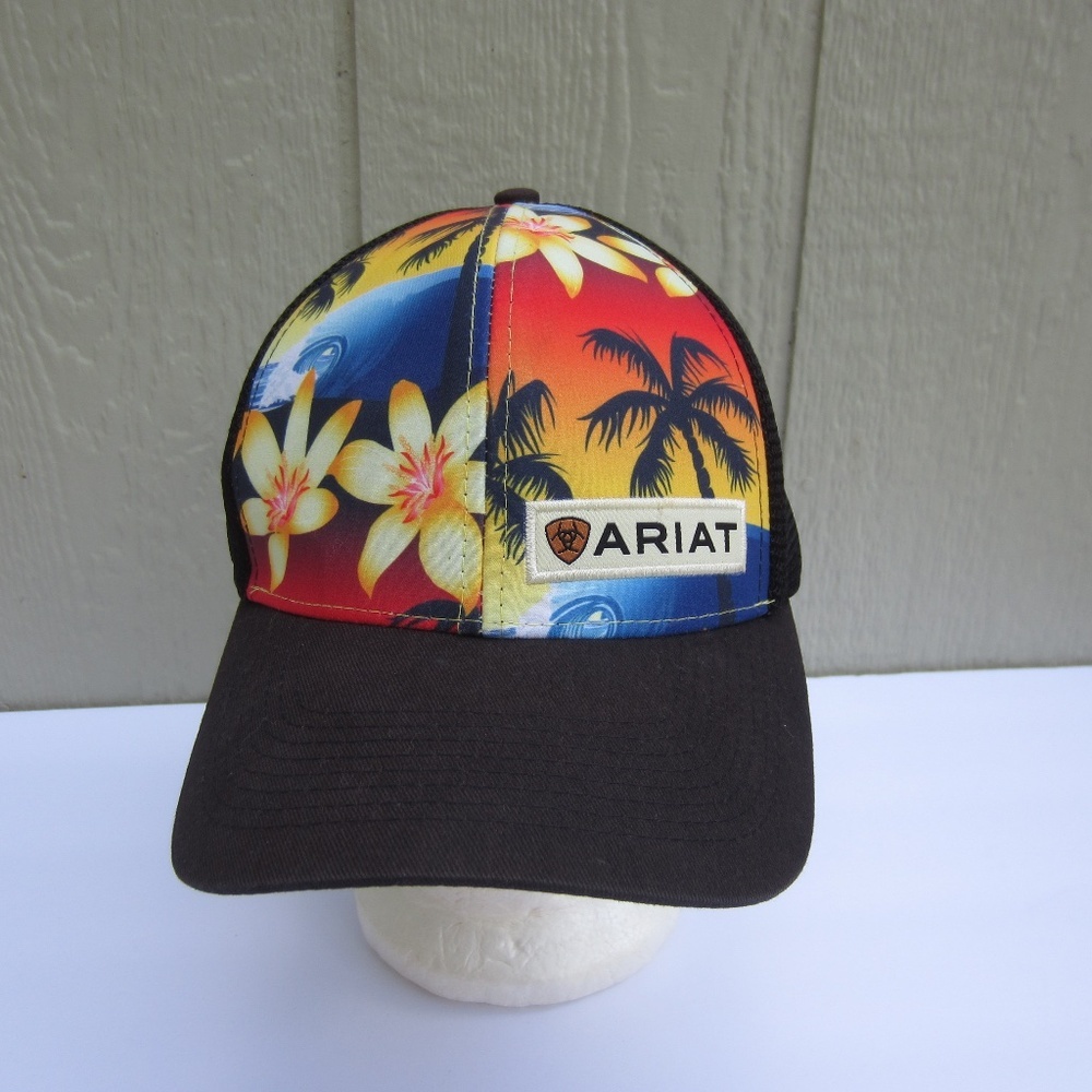 ARIAT Truck Hats Mens One Size Black Floral Hwaiian Mesh Adjustable Snap Back